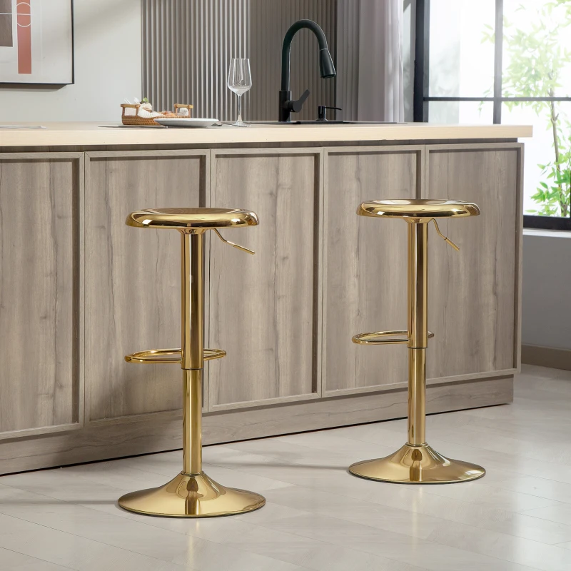 HOMCOM Steel Bar Stools Set of 2, Adjustable Counter Height Round Breakfast Barstools, Industrial Swivel Bar Chairs, Gold