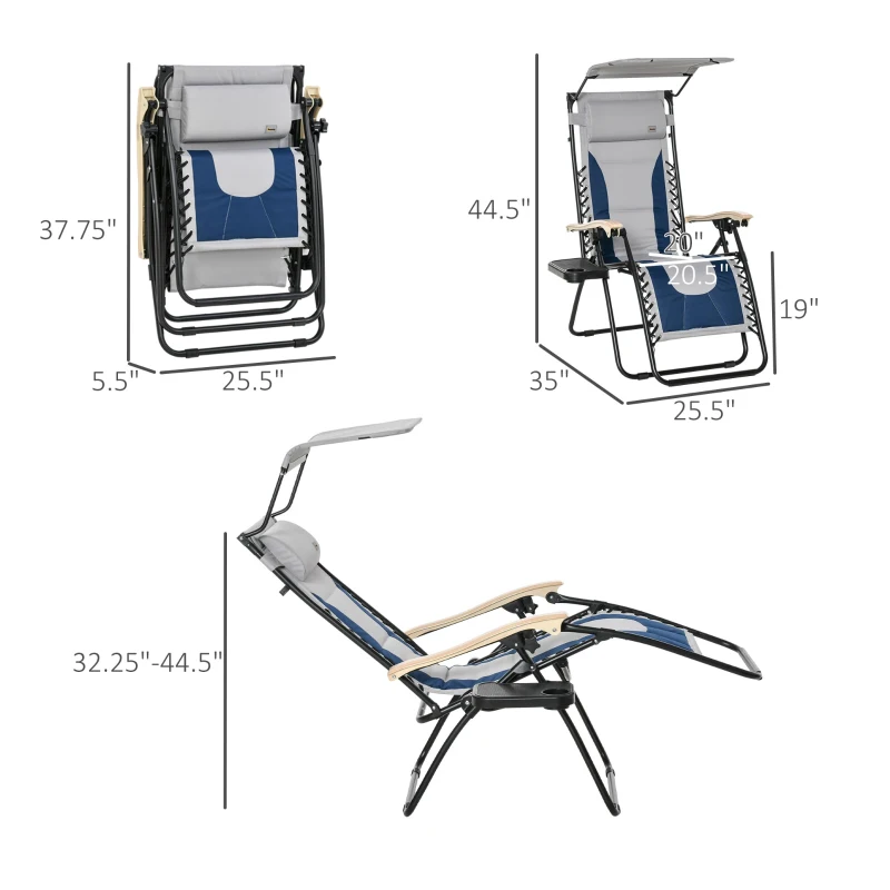 Outsunny Padded Zero Gravity Lounge Chair, Anti-Gravity Recliner Lounger Lawn Chair w/ Headrest, Side Tray, Outdoor Oxford Fabric, Supports 264 LBS, Blue