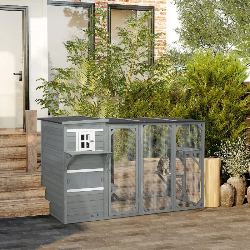 PawHut Catio Outdoor Cat Enclosure, Large Wood Kitten Cat House Enclosure with 3-Level Design, Weatherproof Roof, Big Hiding Areas, Multiple Platforms, Resting Box, 45"H, Gray
