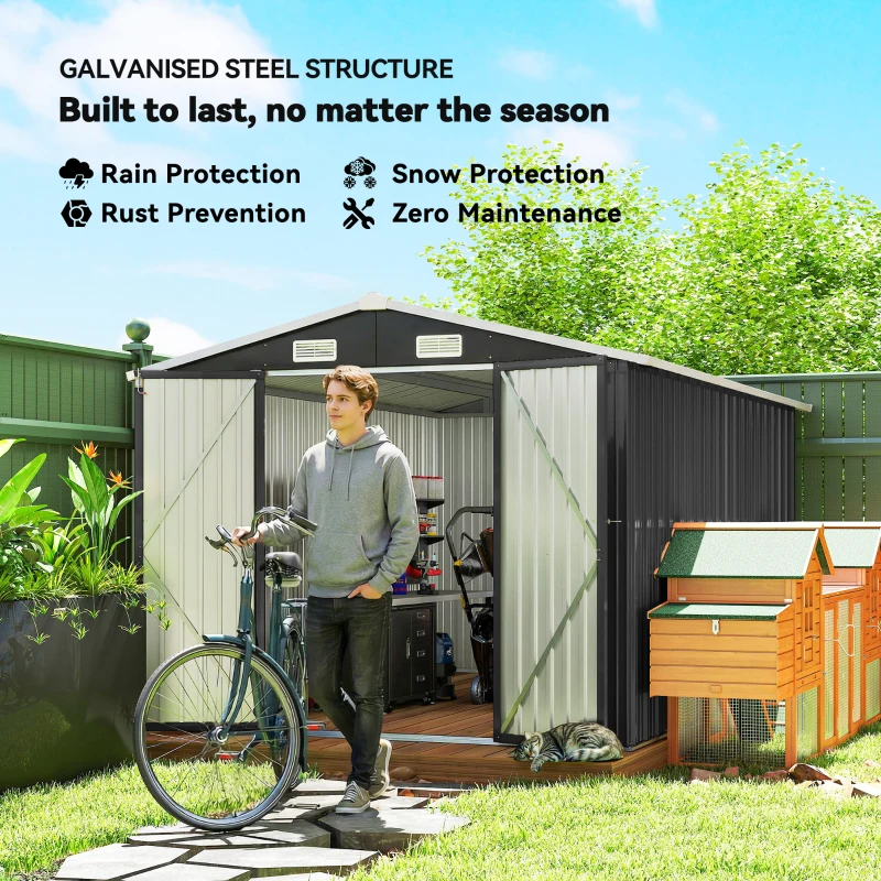 Outsunny 10' x 10' Metal Shed, Heavy Duty Outdoor Storage Shed with 4 Vents and Lockable Double Doors, Dark Grey