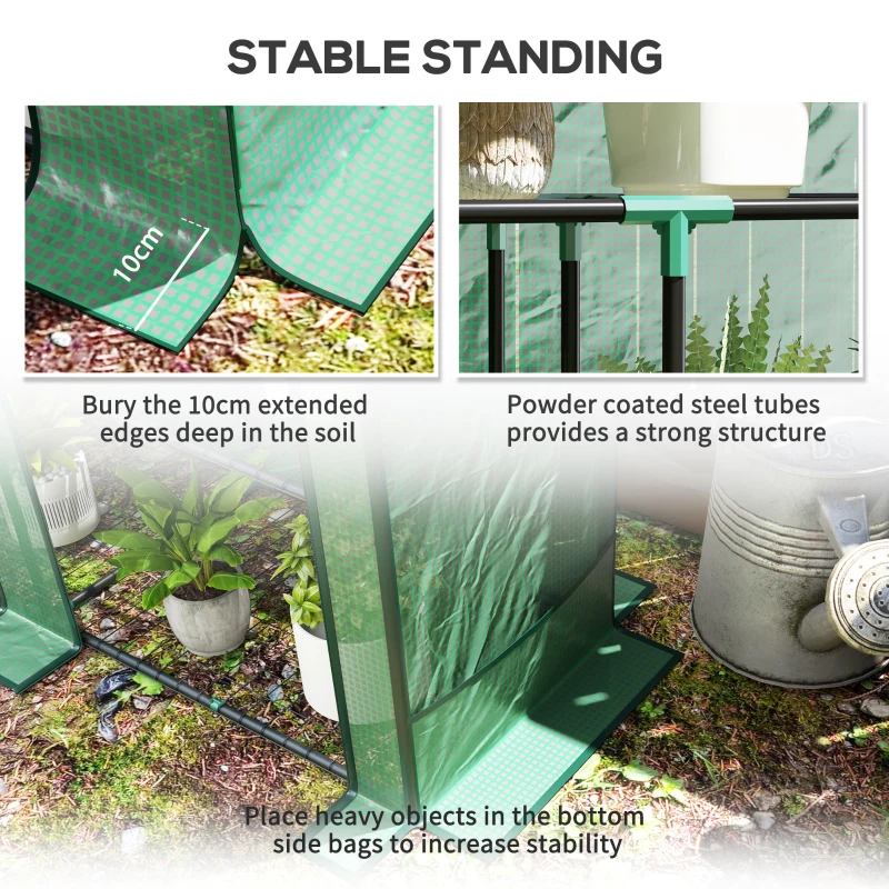 Outsunny Lean-to Greenhouse with 3 Tier Shelves, Mini Greenhouse with 2 Roll-Up Doors for Indoor Outdoor, Green
