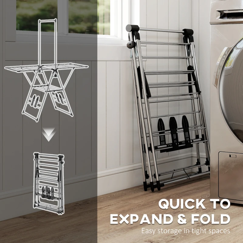 HOMCOM Clothes Drying Rack, Foldable Stainless Steel Laundry Drying Rack with Adjustable Gullwings and Shoe Holders, Silver