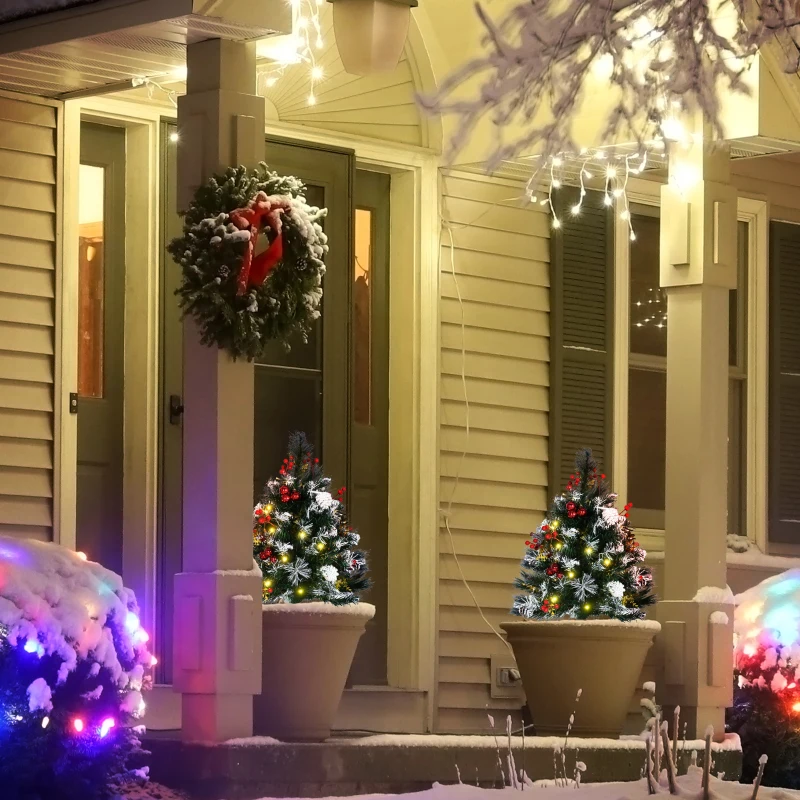 HOMCOM 2.5 Ft/30" 2 Pack Outdoor Entryway Pre-Lit Artificial Christmas Tree Cordless with 70 Branches, Green