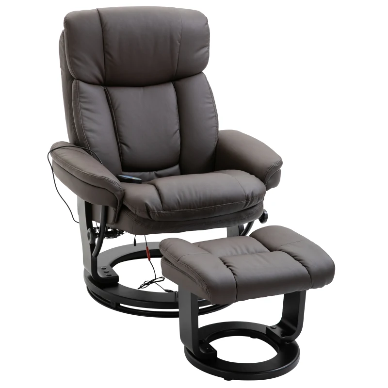 HOMCOM PU Leather Massage Sofa Recliner Chair with Ottoman Heated 10 Point Vibration Swiveling Armchair, Brown