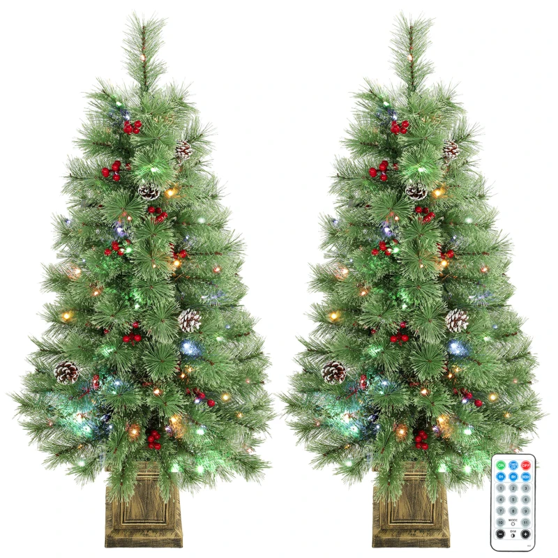 HOMCOM 4ft Pre-Lit Artificial Christmas Tree Set of 2, Xmas Pine Trees, Dual Colors, Remote, Green