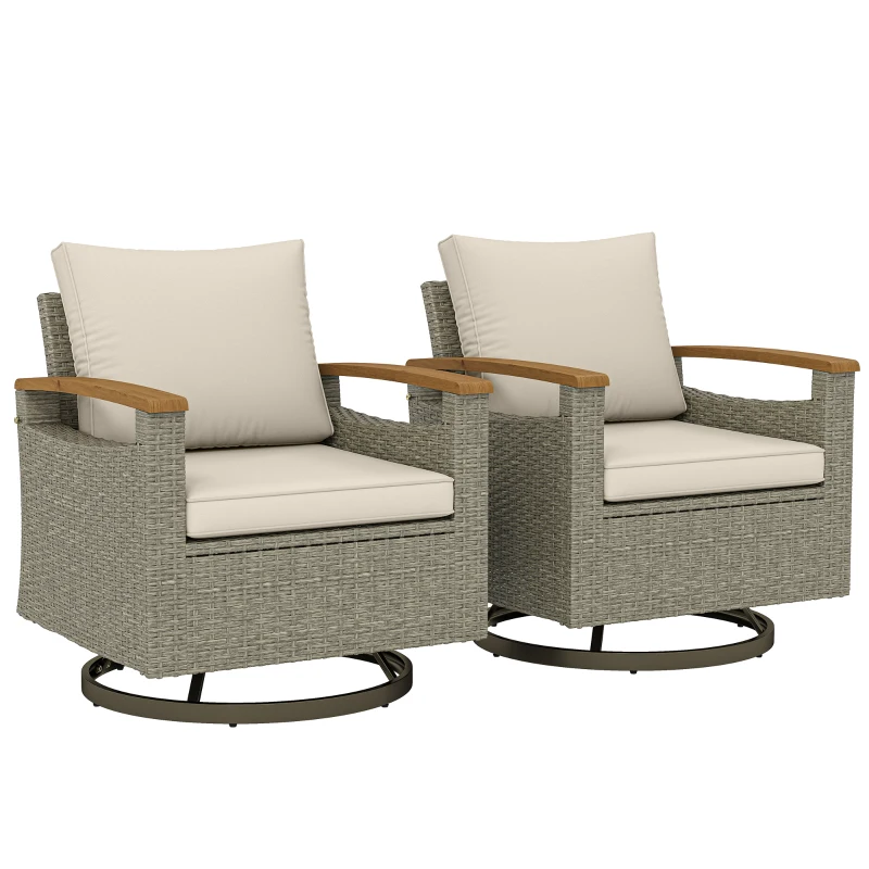 Outsunny Patio Outdoor Swivel Chairs Set of 2, PE Rattan Patio Wicker Chair with Soft Cushions, Steel Frame, Cream White