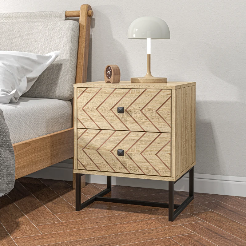 HOMCOM Modern Nightsta, Bedside Table with Drawers, Side End Table with Metal Legs for Bedroom, Zig Zag Design, Natural
