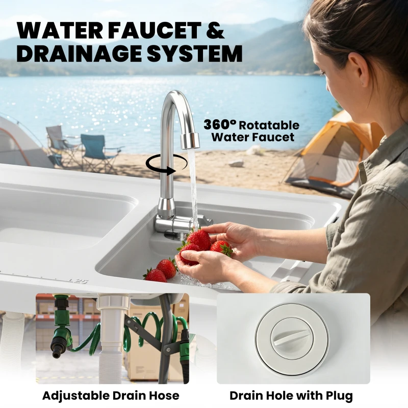 Outsunny Fish Cleaning Table Folding Sink Portable Camping Sink with Side Shelf & Bottom Rack for Outdoor White