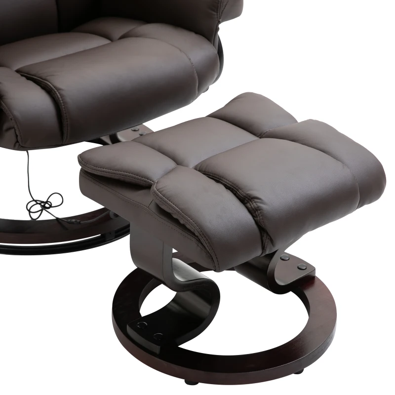 HOMCOM Massage Recliner Chair Swiveling Armchair with Footrest, with Wrapped Wood Base, 10 Vibration Levels, Faux Leather, Brown