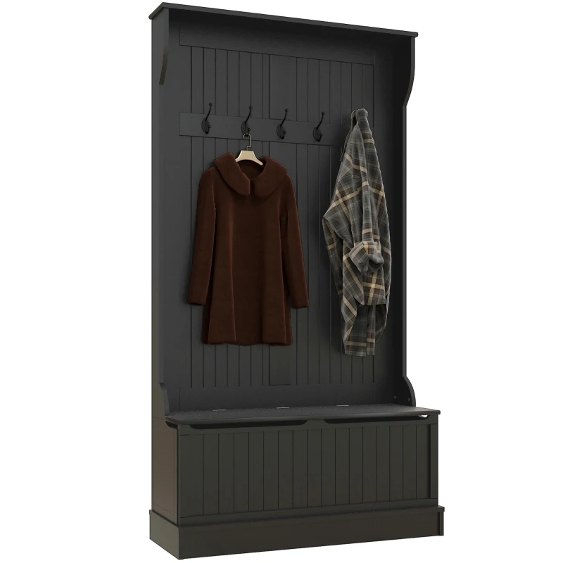 HOMCOM 4-In-1 Hall Tree with Coat Rack, Top Shelf, Shoe Storage and Bench Seat, Entryway Bench with 5 Hooks, Black