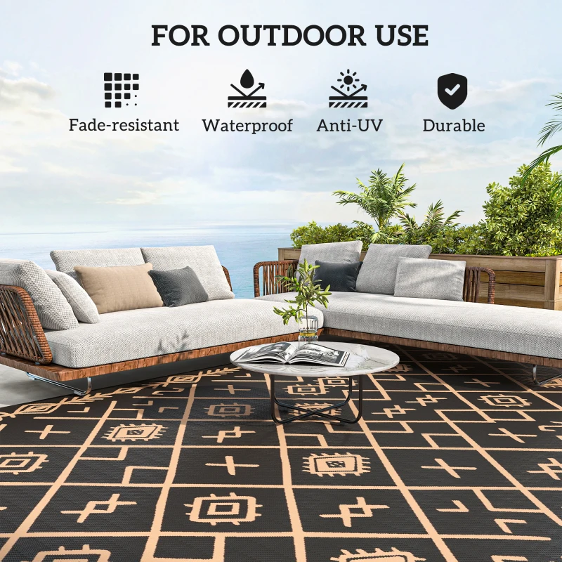 Outsunny Reversible Outdoor Rug, Waterproof Plastic Straw with Carry Bag, 9' x 18', Black & Brown Rhombus