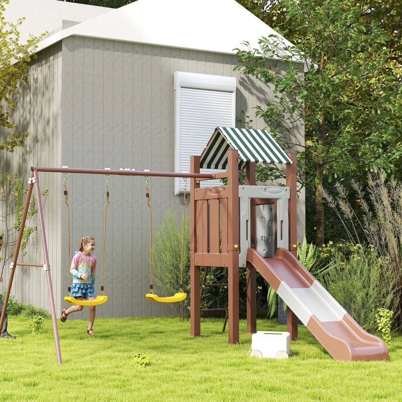 Qaba Kids Swing Set with 6 FT Slide, 2 Adjustable Swings, Fort with Canopy, Ladder, Ground Stakes for Ages 3-8, Brown