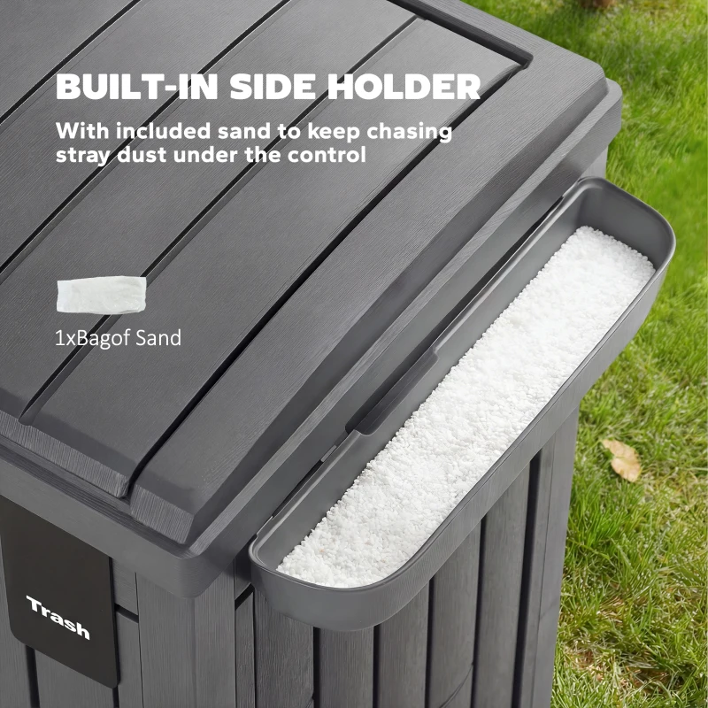 Outsunny 29 Gallon Outdoor Garbage Bin with Dual Lid, Plastic Outdoor Waste Trash Can with Side Holder and Drip Tray, Grey