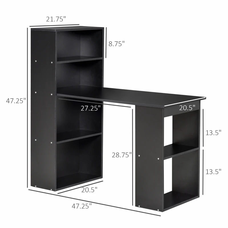 HOMCOM Computer Desk with 6-Tier Storage Shelves, Writing Desk Workstation with Bookshelf for Home Office, Black
