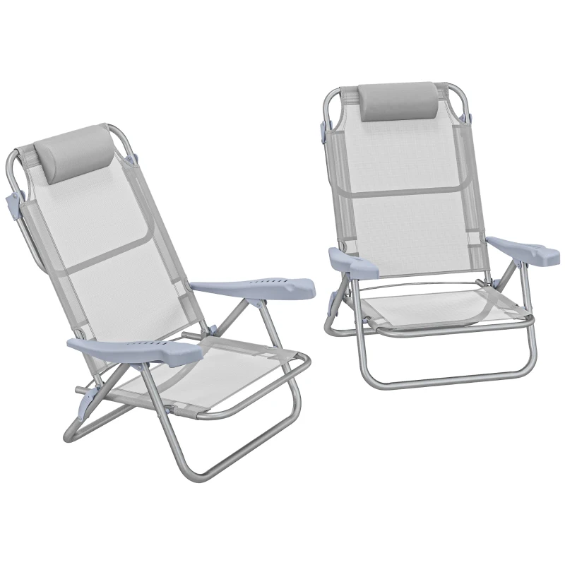 Outsunny Set of 2 Camping Chairs, Beach Chairs with Adjustable Backrest and Headrest, Folding Chair for Outdoor, Light Grey