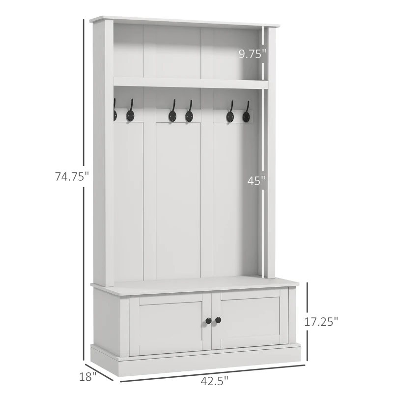 HOMCOM Hall Tree, Entryway Bench with Coat Rack, White