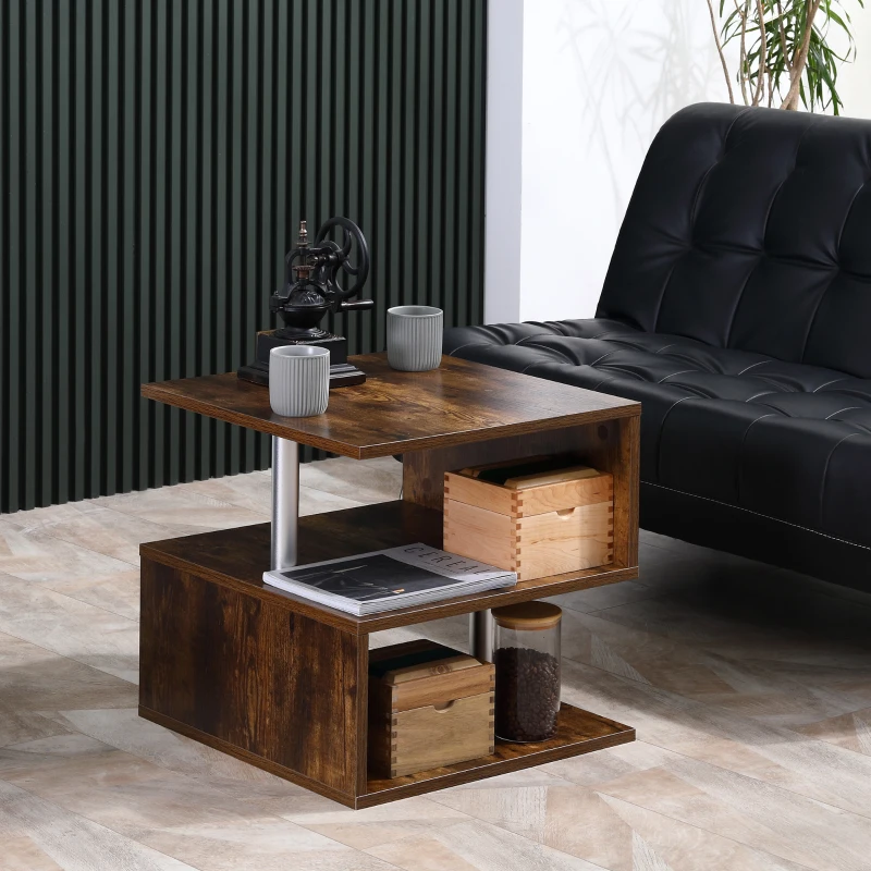 HOMCOM 20" Modern End Table, Accent Side Table, S-Shaped Coffee Table with Storage Shelf and Steel Poles, Rustic Brown