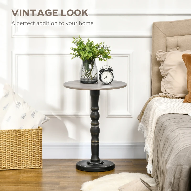 HOMCOM End Table, Round Side Table with Tabletop, Rustic with Solid Wood Leg for Living Room, Bedroom, Light Gray and Black