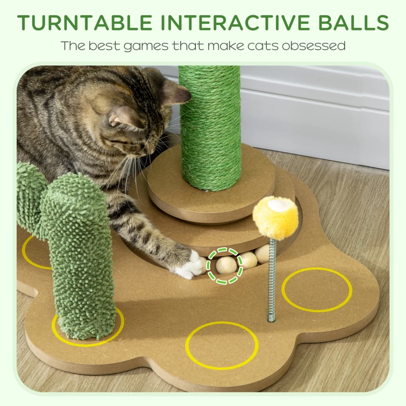 PawHut 23.5" Cactus Cat Scratching Post with Turntable Interactive Ball Toy, Cute Cat Scratching Post with Extreme Stability, Cactus Cat Tree for Indoor Cats