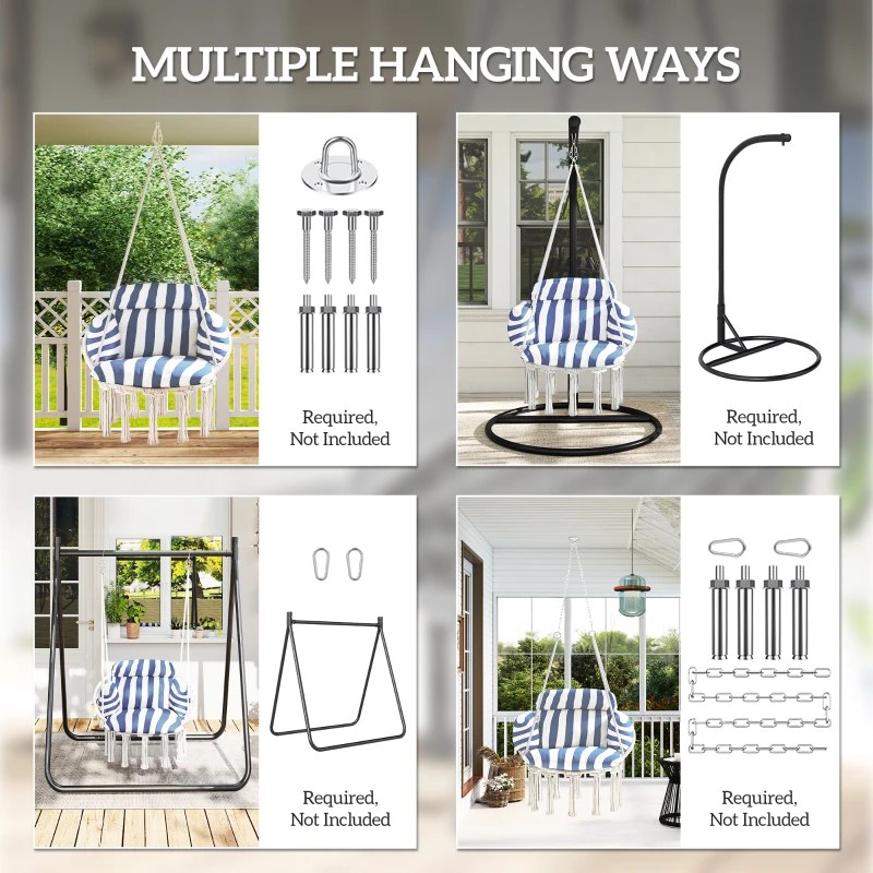 Outsunny Hammock Swing Chair, Macrame Hanging Chair with Large Cushion, Chain, Steel Frame for Indoor Outdoor Use, Blue and White