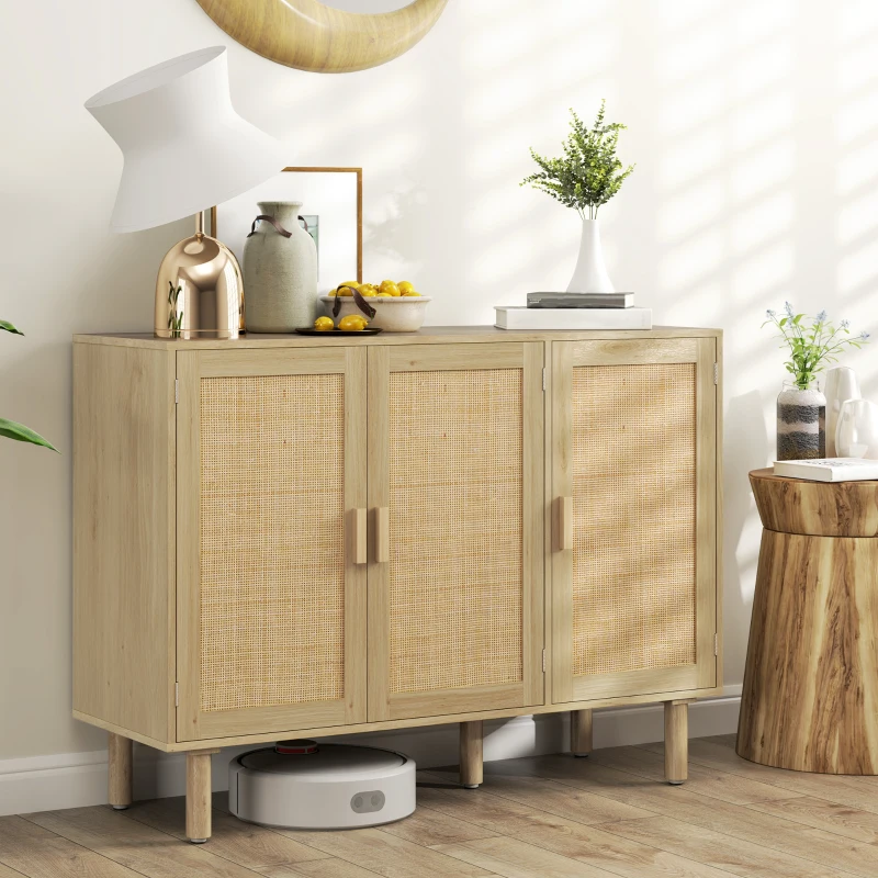 HOMCOM Bohemian Sideboard, 46.9" Buffet Cabinet with 3 Rattan Doors and Shelves for Living Room, Hallway, Oak