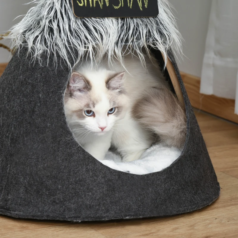 PawHut Pet Teepee Tent Cat Bed Dog House with Thick Cushion Chalkboard for Kitten and Puppy up to 13lbs 28inch Grey