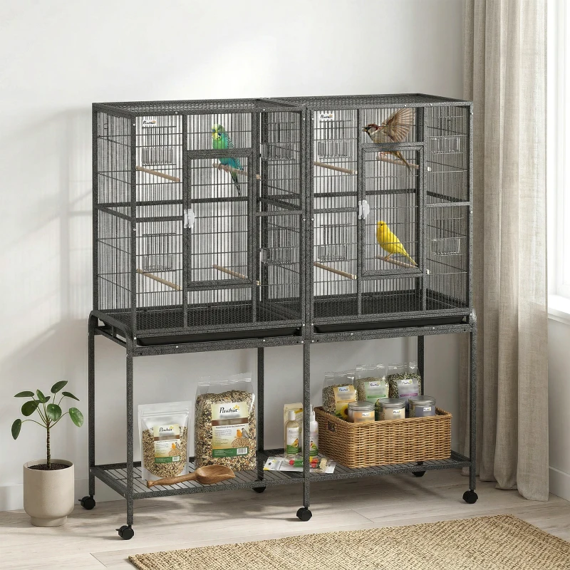 PawHut 56"H Bird Cage, Parrot Cage w/ Detachable Rolling Stand, Removable Tray, Storage Shelf, Perches, Food Container