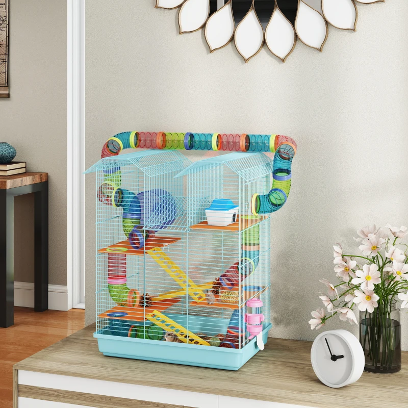 PawHut 18.5" Hamster Cage, 5 Tiers Small Animal House with Tunnel Tube System, Exercise Wheel, Water Bottle, Light Blue
