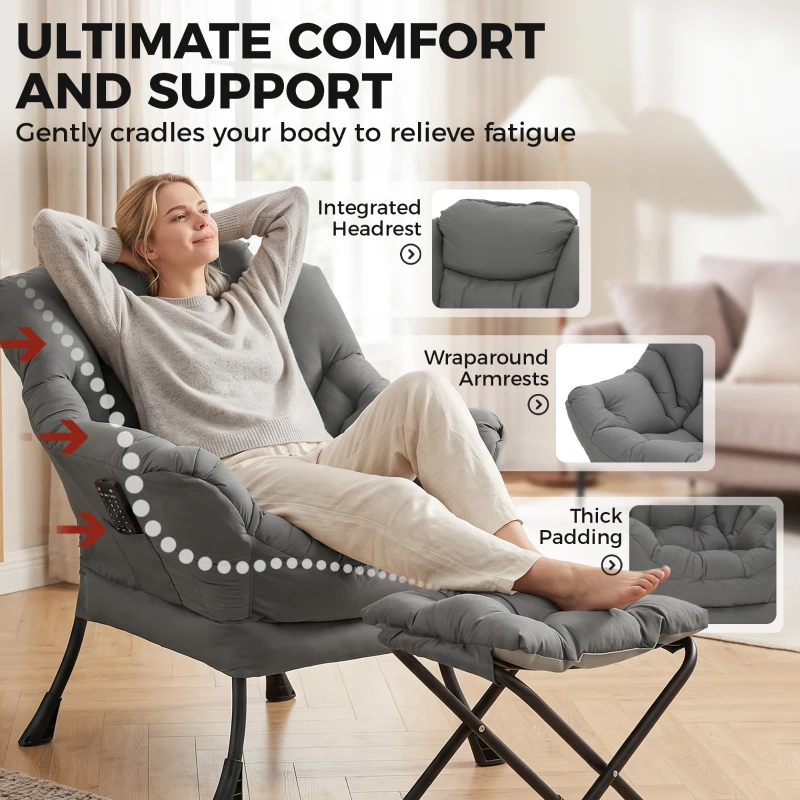 HOMCOM Lazy Chair with Ottoman, Peach Skin Fabric Reading Chair with Foldable Footstool, Plush Cushion, Tufted, Dark Grey