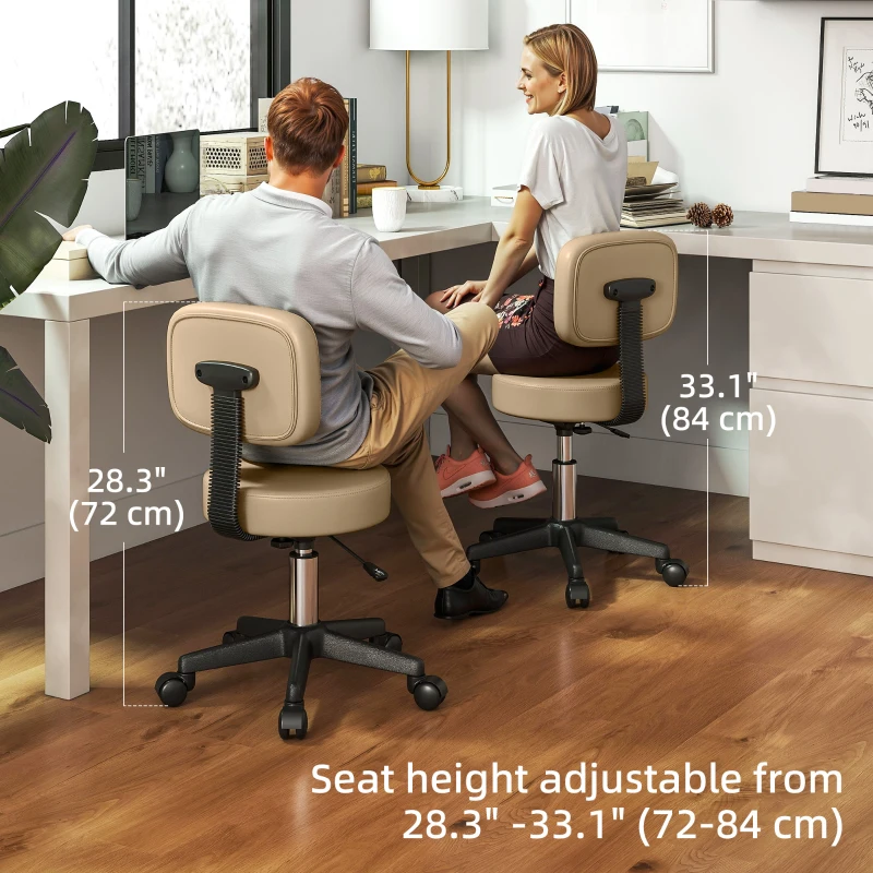 HOMCOM PU Leather Adjustable Rolling Stool, Round Swivel Drafting Stool with Back, Wheels, Light Brown