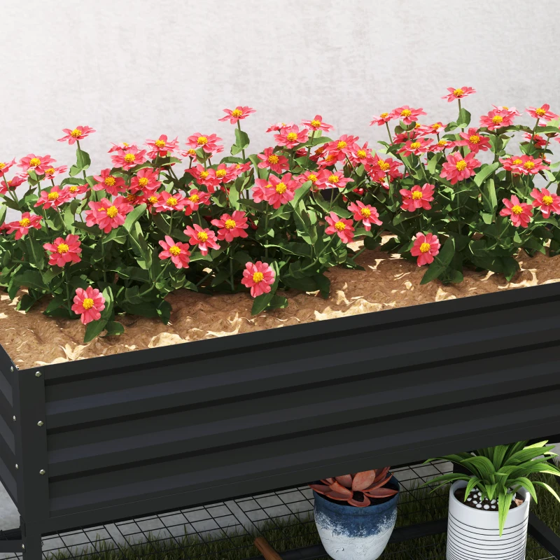 Outsunny Galvanized Raised Garden Bed, Metal Planter Box with Legs, Storage Shelf and Bed Liner, Dark Gray