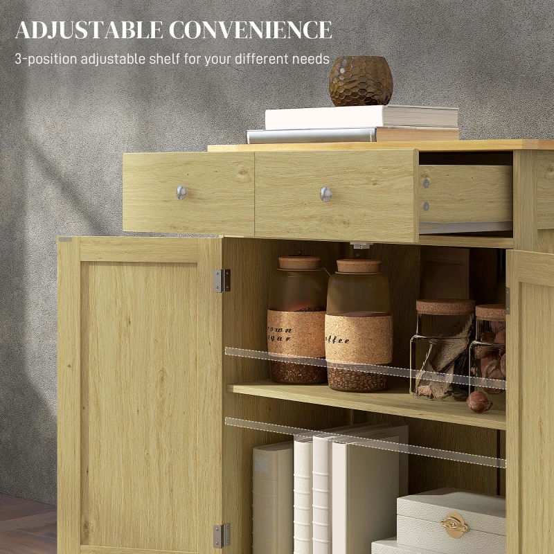 HOMCOM Kitchen Storage Cabinet, Sideboard Floor Cupboard with Solid Wood Top, Adjustable Shelf, and 2 Drawers, Natural