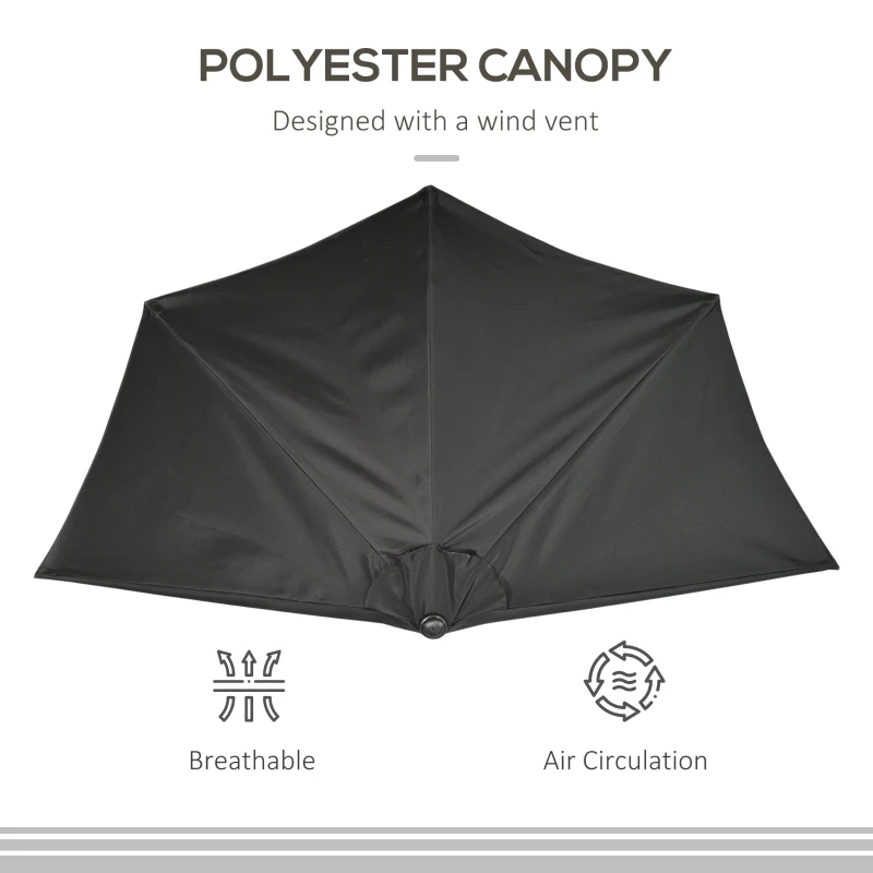 Outsunny 9.8ft Half Umbrella Semi Round Patio Parasol with Crank Handle, Top Vent for Garden, Balcony- NO BASE INCLUDED, Black