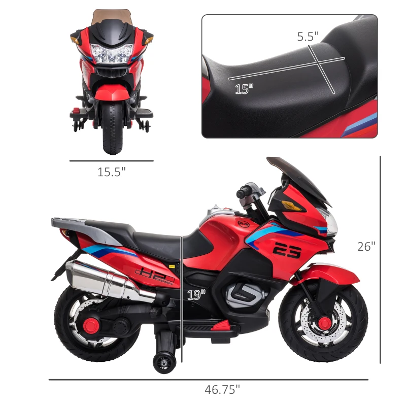 Aosom 12V Kids Electric Motorcycle with Training Wheels, Battery Power Ride on Motorbike, High-Traction at 3.7 Mph Top Speed, with Light Music, Red