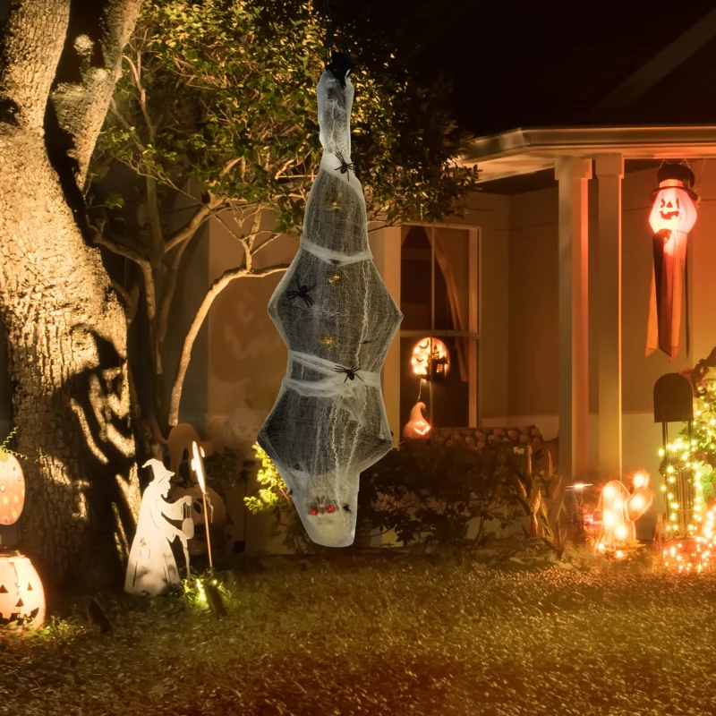 HOMCOM 55.9 Inch/4.7ft Life Size Outdoor Halloween Decoration Hanging Mummy with Spider Web, Animated Prop Decor with Sound and Motion Activated, Light Up Eyes, Creepy Sound