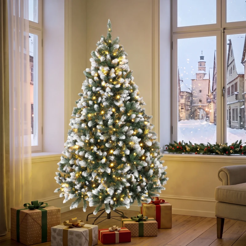 HOMCOM 6ft Pre-lit Artificial Christmas Tree White-Tipped Hinged Full Xmas Tree with 1020 Tips