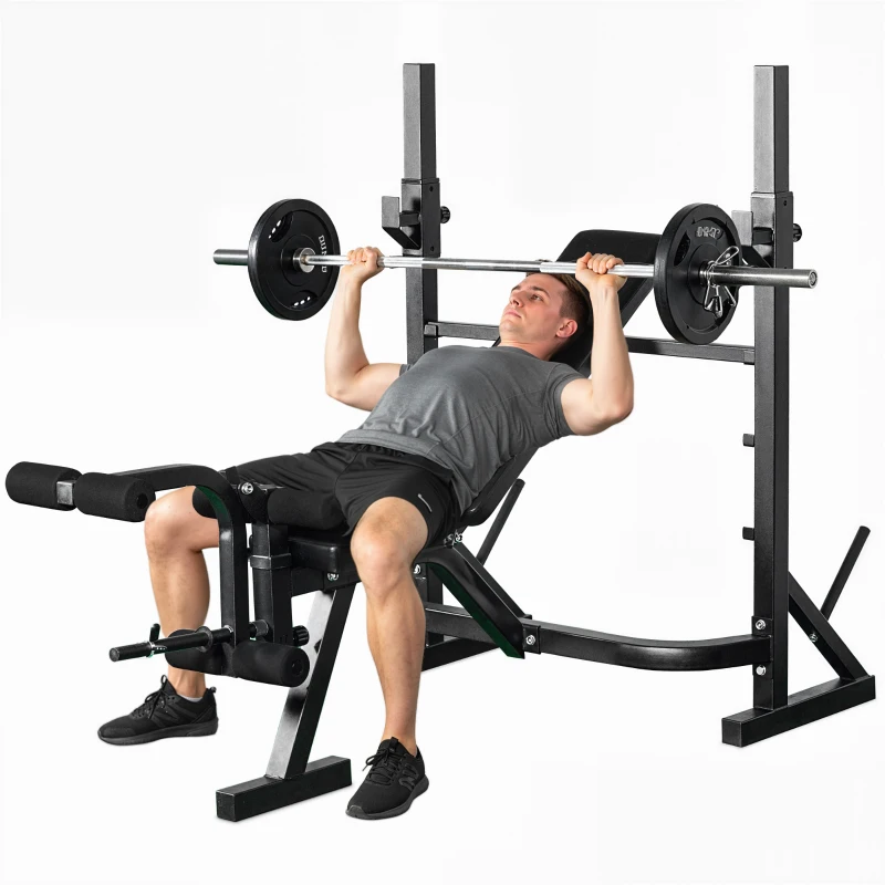 Soozier Weight Bench, Flat Incline Decline Workout Bench Press Set with Squat Racks, Leg Developer, Weight Plate Stand