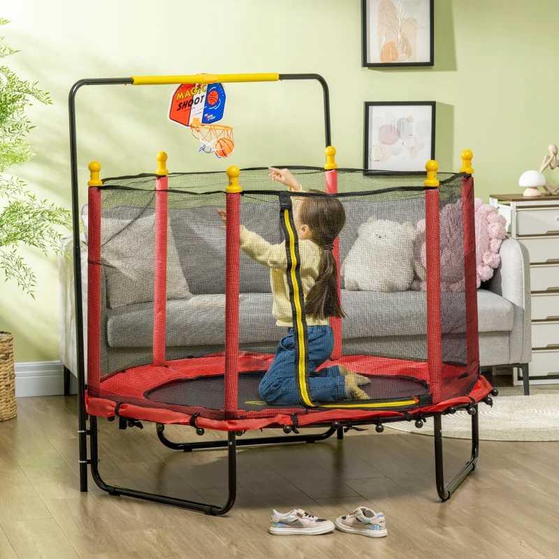 Qaba Kids Trampoline with Net, Basketball Hoop, Horizontal Bar Indoor, Red