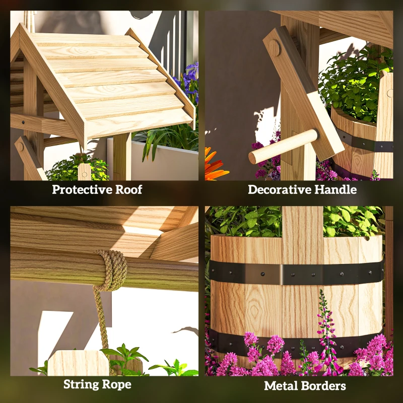 Outsunny Wood Wishing Well Outdoor Wooden Planter with Hanging Bucket and Drainage Hole for Garden, Patio, Backyard, Natural