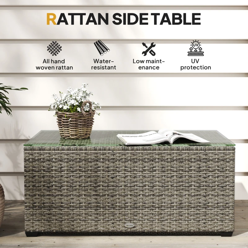 Outsunny Wicker Outdoor Coffee Table, PE Wicker Rectangular Patio Table with Tempered Glass Top for Garden, Balcony, Dark Grey
