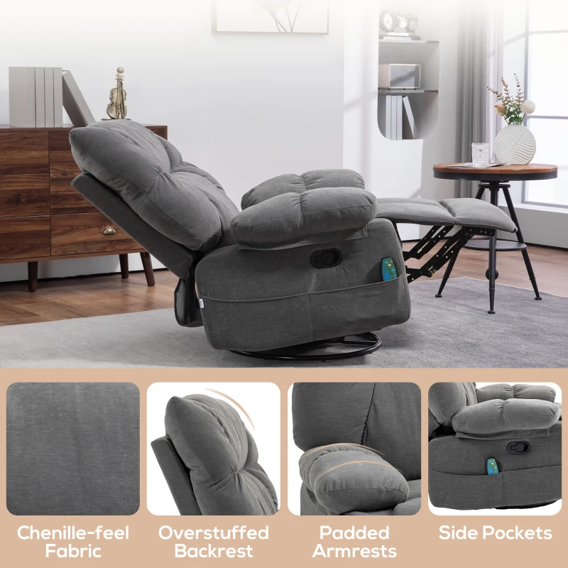 HOMCOM Reclining Massage Armchair with Heat, Oversized Swivel Rocker with Footrest Remote and 4 Side Pockets, Dark Gray
