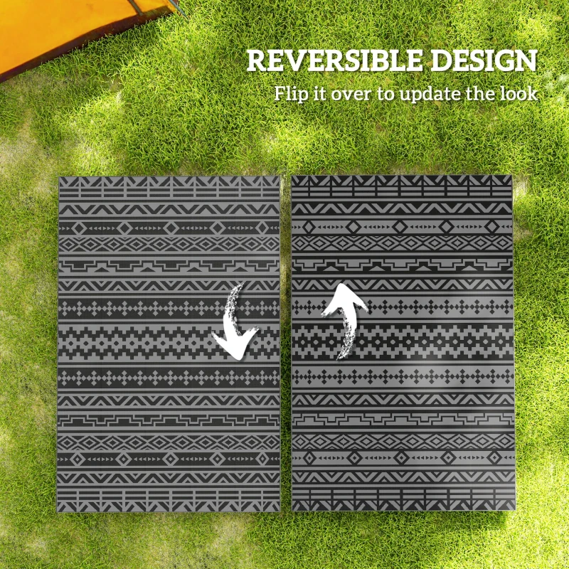 Outsunny Reversible Outdoor Rug, Waterproof Plastic Straw with Carry Bag, 6' x 9', Black & Gray Geometric Wall