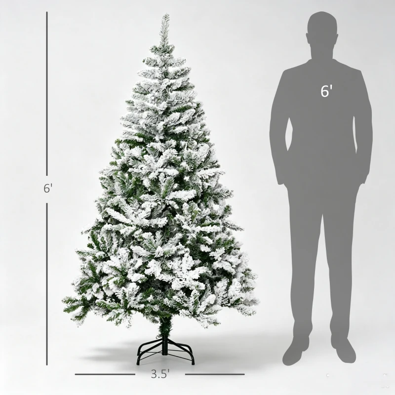 HOMCOM 6' Tall Unlit Snow Flocked Pine Artificial Christmas Tree with Realistic Branches, Green