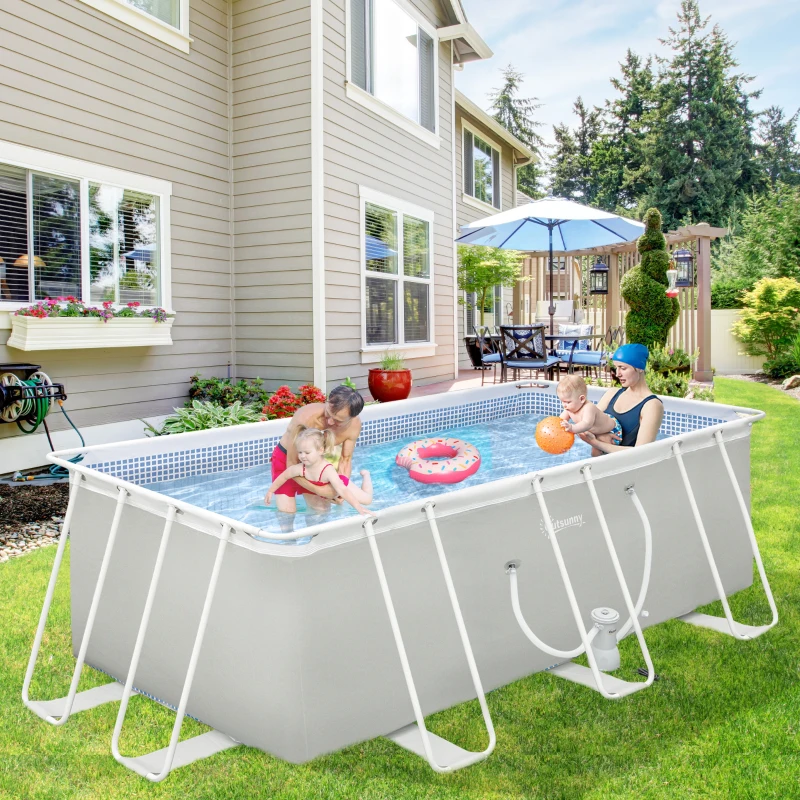 Outsunny 14' x 8' x 4' Above Ground Swimming Pool, Rectangular Steel Frame, Non-Inflatable, Filter Pump, Light Grey