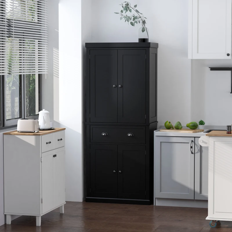 HOMCOM 72.5" Kitchen Pantry Cabinet, Traditional Freestanding Storage Cabinet with 4 Doors, Drawer and 3 Adjustable Shelves for Dining Room, Black