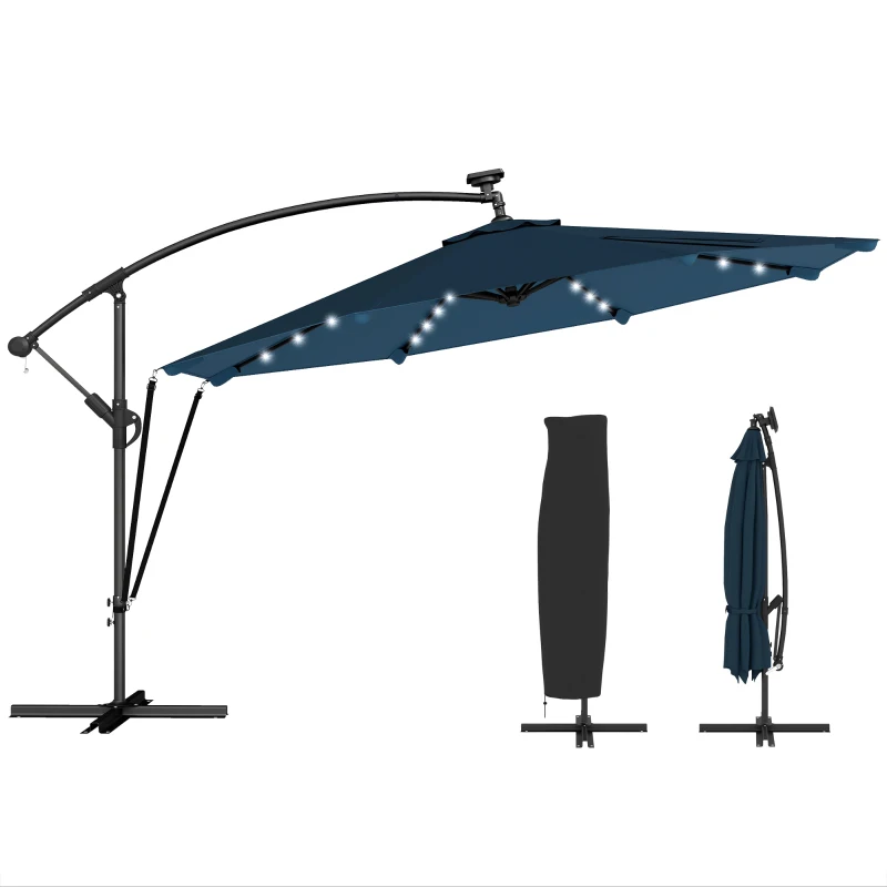 Outsunny 11.3 ft Cantilever Patio Umbrella with Light, Cover, Aluminium UPF50+ Offset Outdoor Umbrella Parasol, Navy Blue