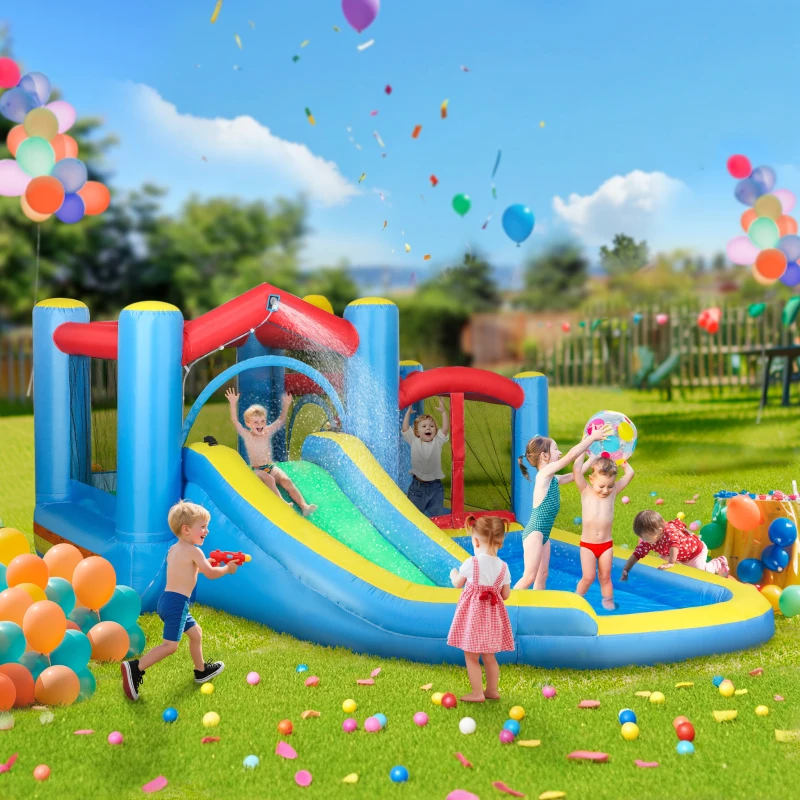 Qaba Inflatable Water Slide Bounce House w/ 550W Blower, Large Trampoline, Splash Pool, Basketball Hoop, Dart Board
