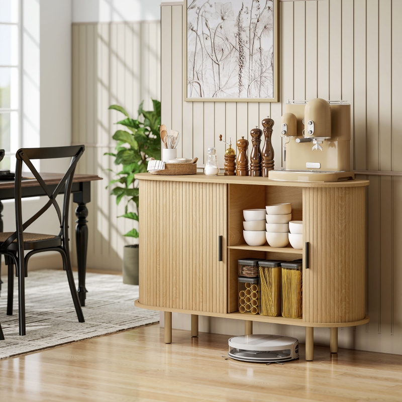 HOMCOM 47" Buffet Cabinet with Tambour Sliding Doors, Fluted Sideboard with Storage Shelves and Wooden Legs, Oak