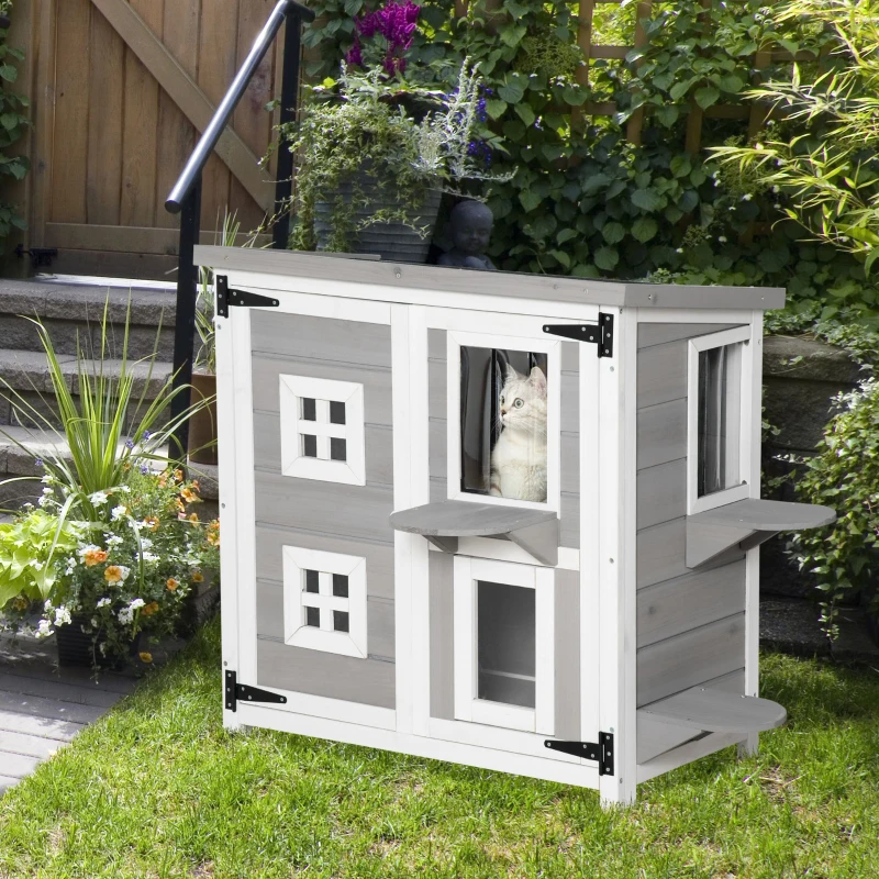 PawHut 2-Tier Cat House, Outdoor Feral Cat Shelter, with Weather Resistant Roof, Escape Door, PVC Curtain, Glass Window, Grey