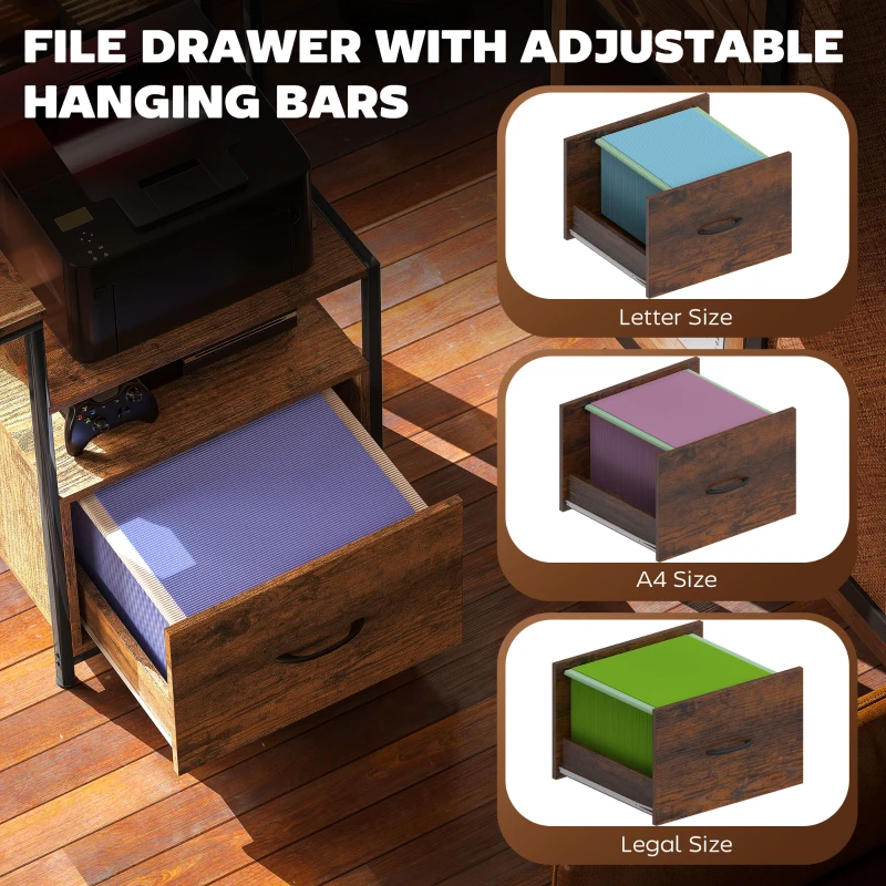 HOMCOM Computer Desk with Power Outlets and LED Lights, 67" Computer Table with File Cabinet and Fabric Drawers, Rustic Brown